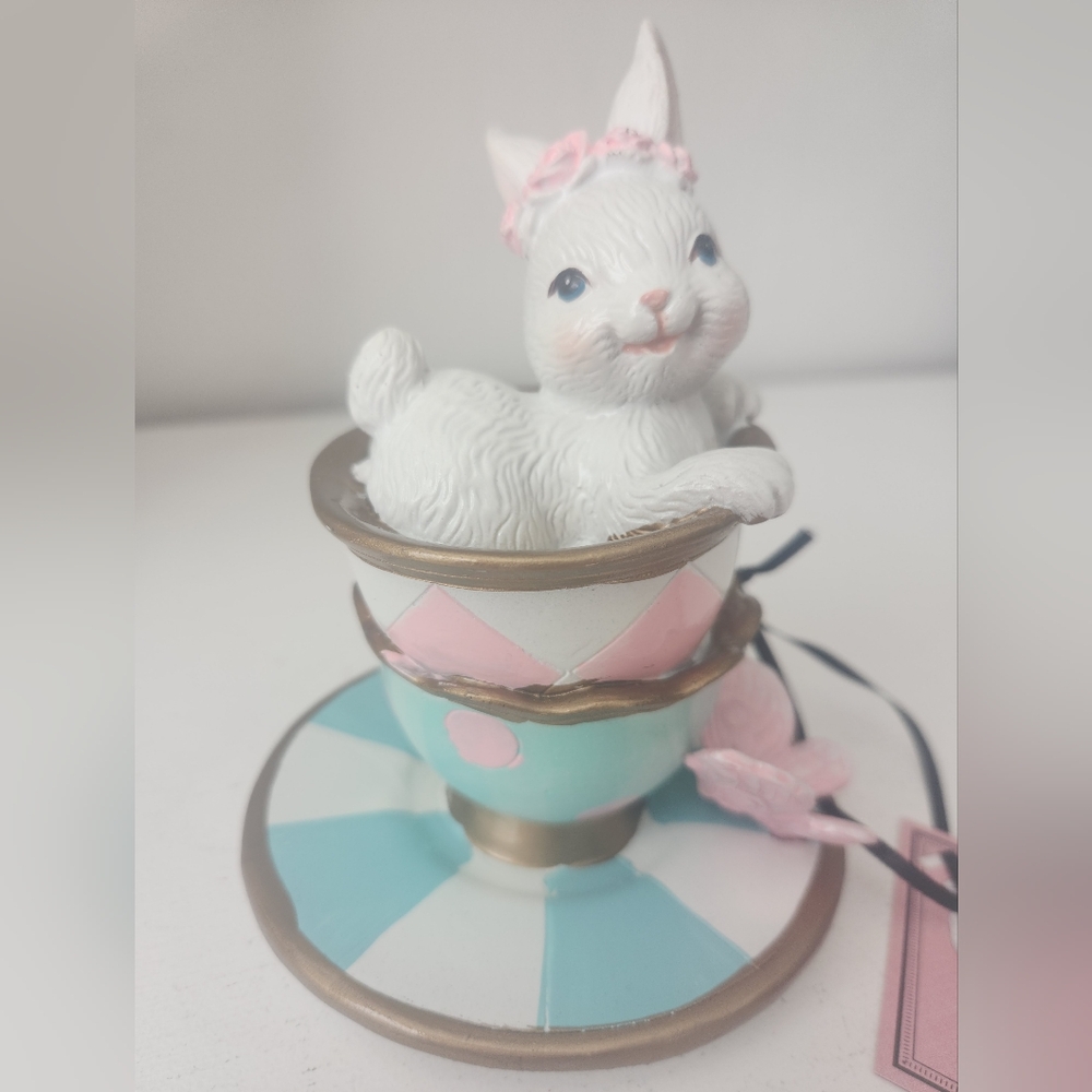 TopHat & Tails White Bunny Sitting In A Teacup Figurine with Pink Floral Crown - Picture 13 of 14